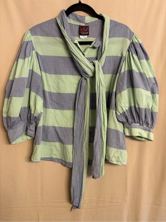 Tawni Haynes Tops - Tawni Haynes Striped Tie-Neck Puff-Sleeve Blouse - Green and Blue